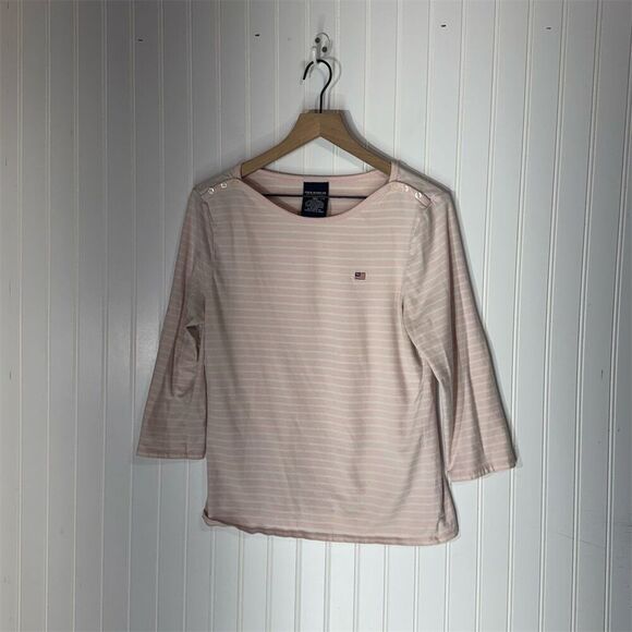 Ralph Lauren Polo Jeans Pink Stripe Button Shoulder Top L Nautical Preppy - Picture 1 of 7